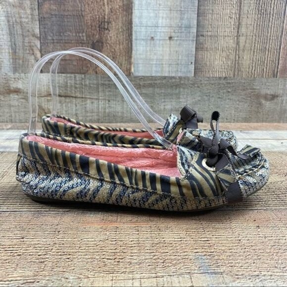 Sperry Topsider Brown Animal Print Sequins Moccasin Shoes Womens 7M Slip On Flat - Picture 1 of 12